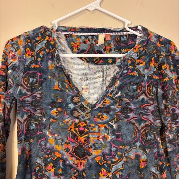 Pilcro Anthropologie Blue with Orange & Pink Patterned V Neck Long Sleeve XXS - Picture 3 of 5